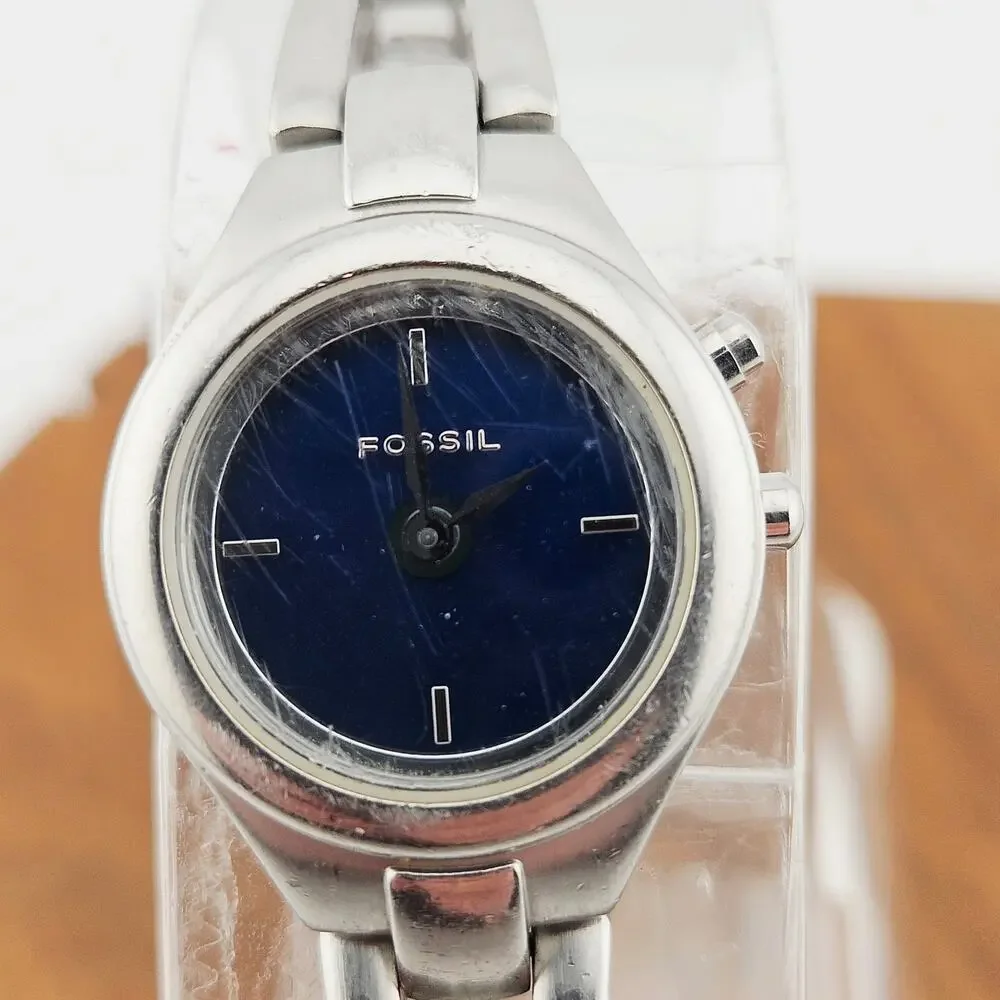 Fossil Women's BIG TIC Watch Dark Blue Dial Silver Link Band ES-9649 Classic